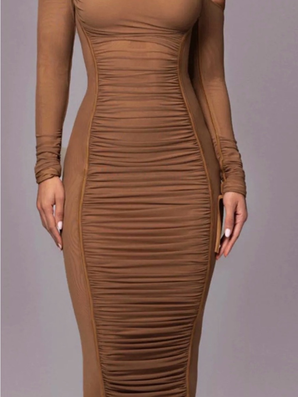 Women's Dark Tan Long Sleeve Ruched Bodycon Dress